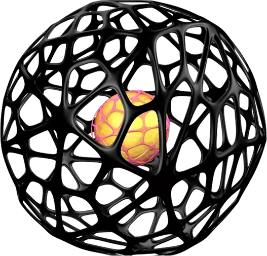 A three-dimensional 3D sphere with an organic black mesh enveloping a bright core with a yellow and pink pattern on a black background.
