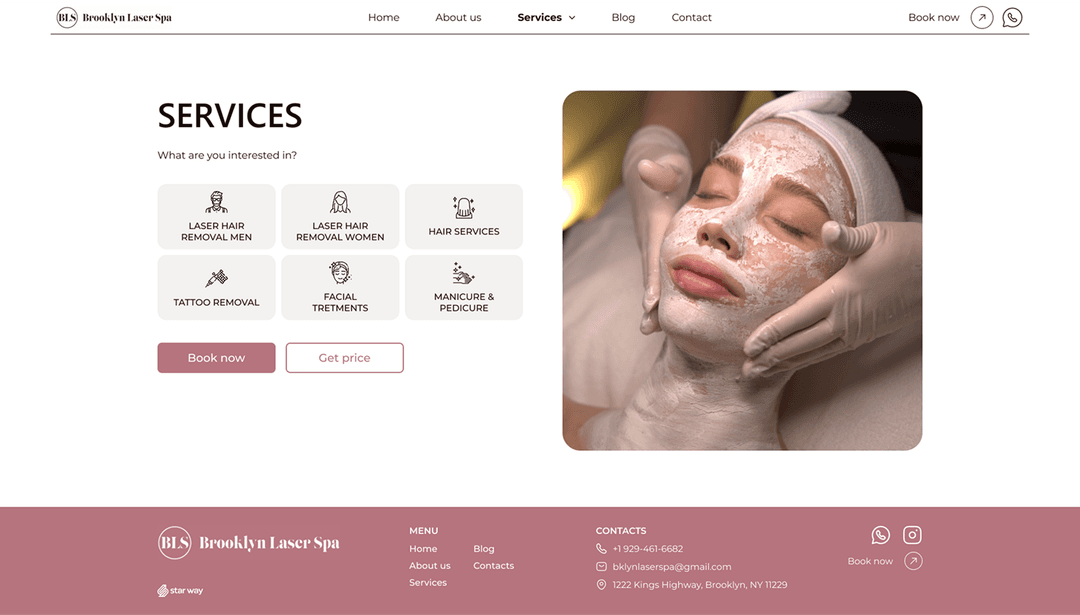 A spa website's services page with options like laser hair removal and facials. Cozy image of a person receiving a soothing facial mask.
