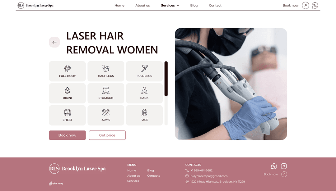 Brooklyn Laser Spa website for laser hair removal. Left: service options like full body and face. Right: close-up of technician using a laser device on a client. Professional and clean design.