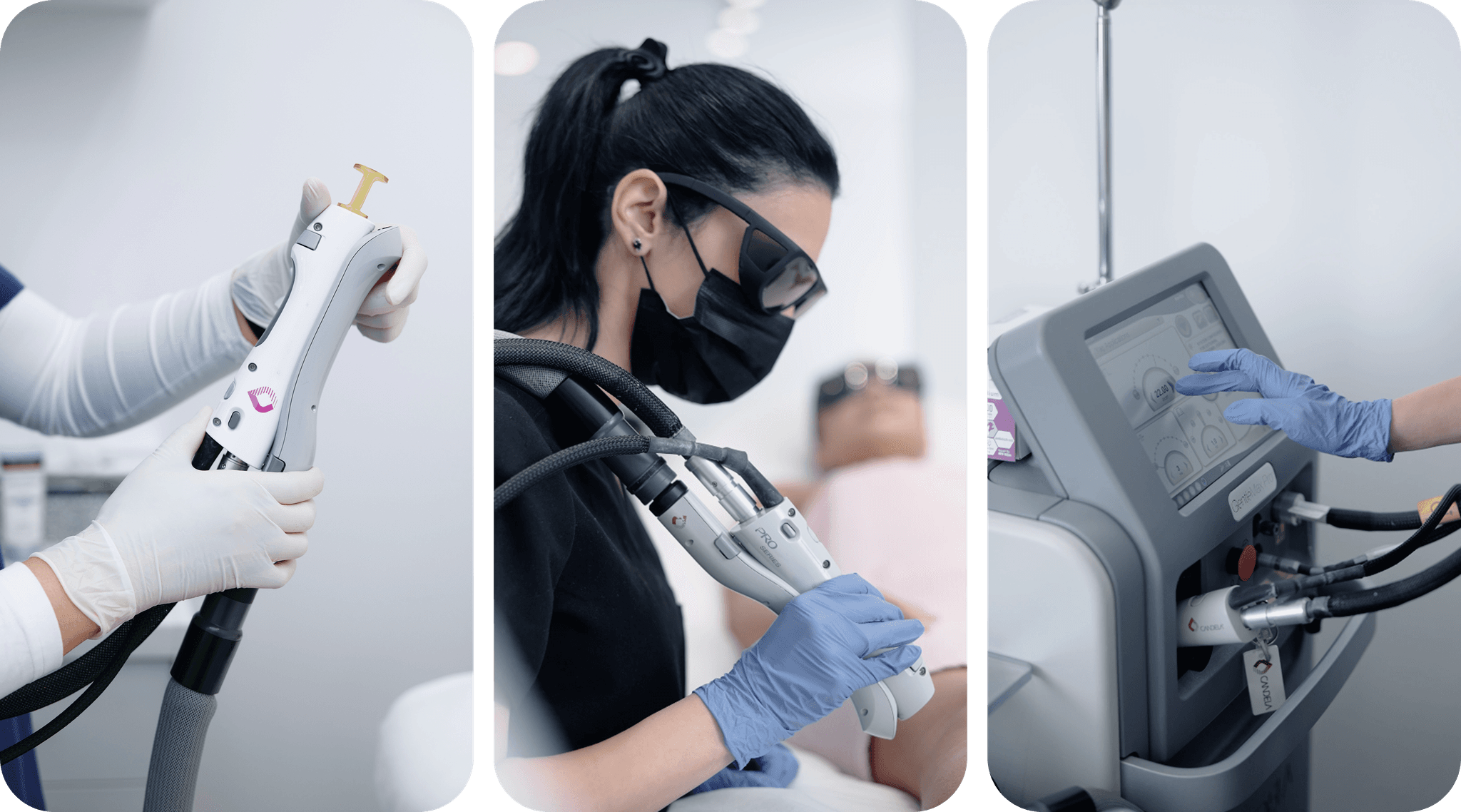 Three-panel image: Left shows hands holding a laser device; center has a masked professional using the device on a patient; right displays a gloved hand adjusting a machine.