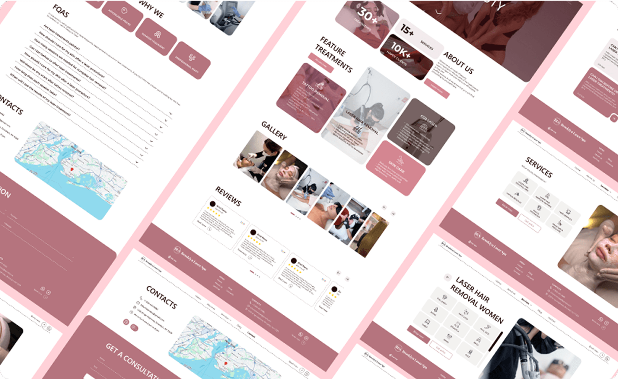 Collage of a beauty salon website design with sections for services, treatments, reviews, and a map. Soft pink and white tones create a calming feel.
