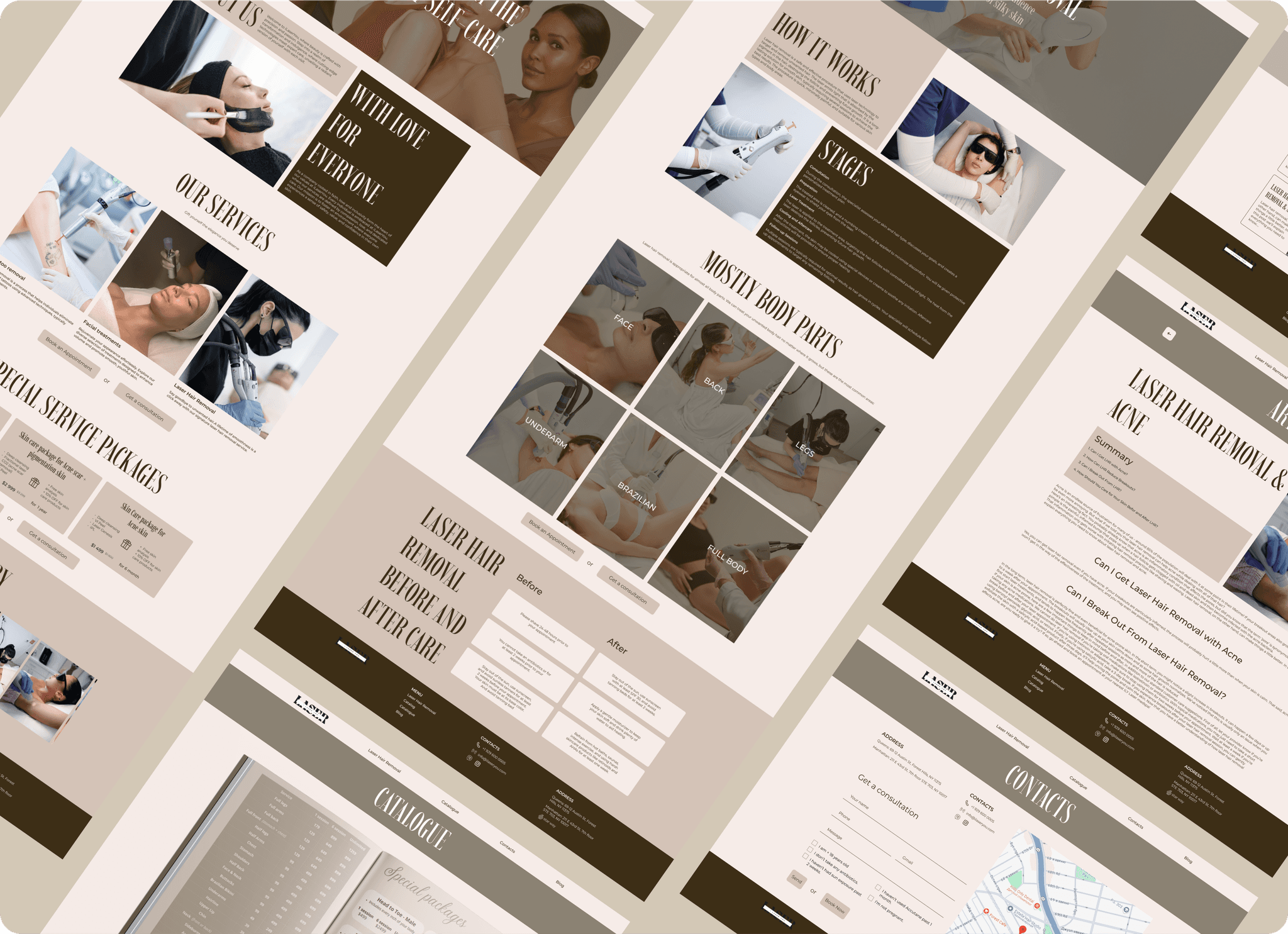 A collage of website pages for a laser hair removal clinic. Features images of treatments, service descriptions, pricing, contact forms, and FAQs. The layout is modern with neutral tones, conveying professionalism and warmth.