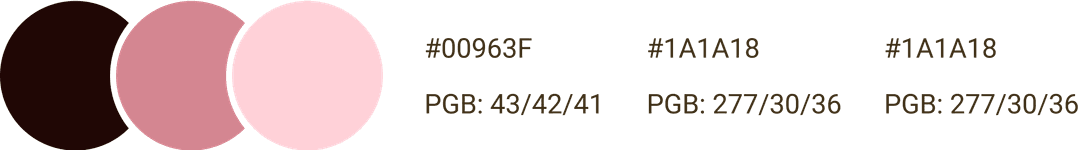 Three circles in shades of brown to pink, each with hex and PGB codes: #00963F, PGB 43/42/41; #1A1A18, PGB 277/30/36; #1A1A18, PGB 277/30/36.
