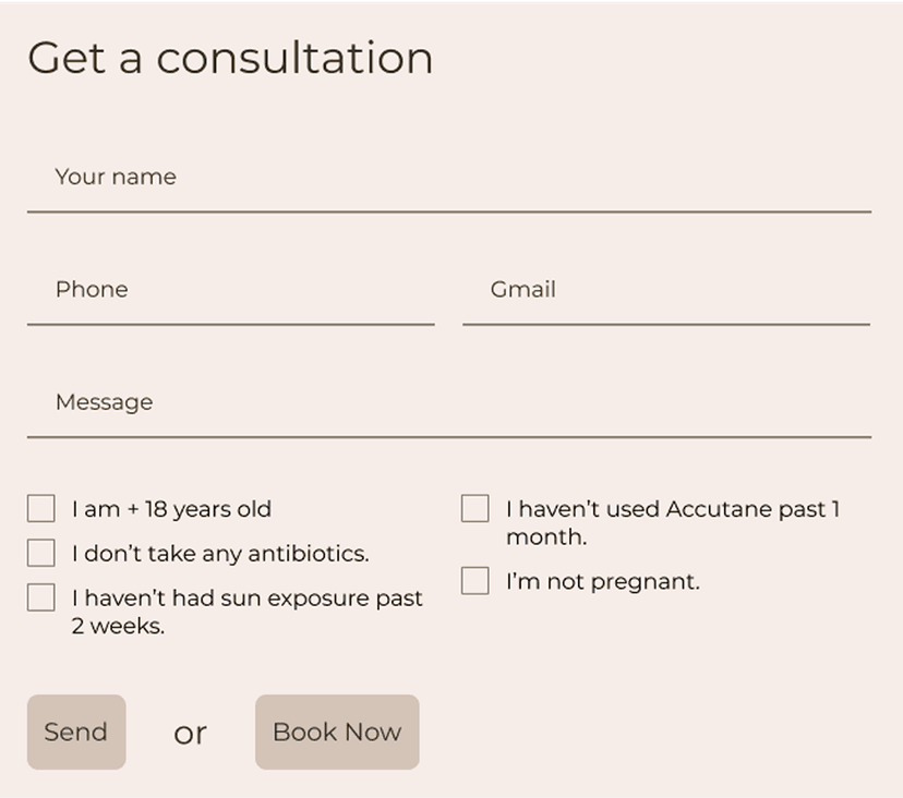 Form titled 'Get a Consultation' with fields for name, phone, email, and message. Includes checkboxes for age, medication, sun exposure, and pregnancy. Options to 'Send' or 'Book Now.'