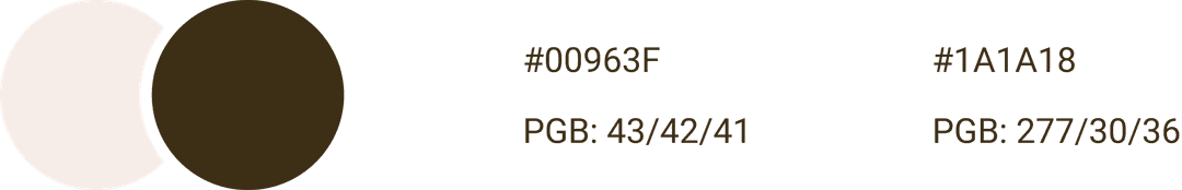 Two overlapping circles, one light beige (#00963F) and one dark brown (#1A1A18). Hex and RGB codes displayed beside each circle.