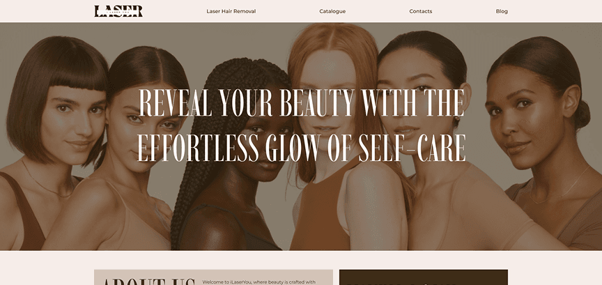 A diverse group of six women with varied hairstyles stands closely together, smiling. Overlay text reads, “Reveal your beauty with the effortless glow of self-care.”