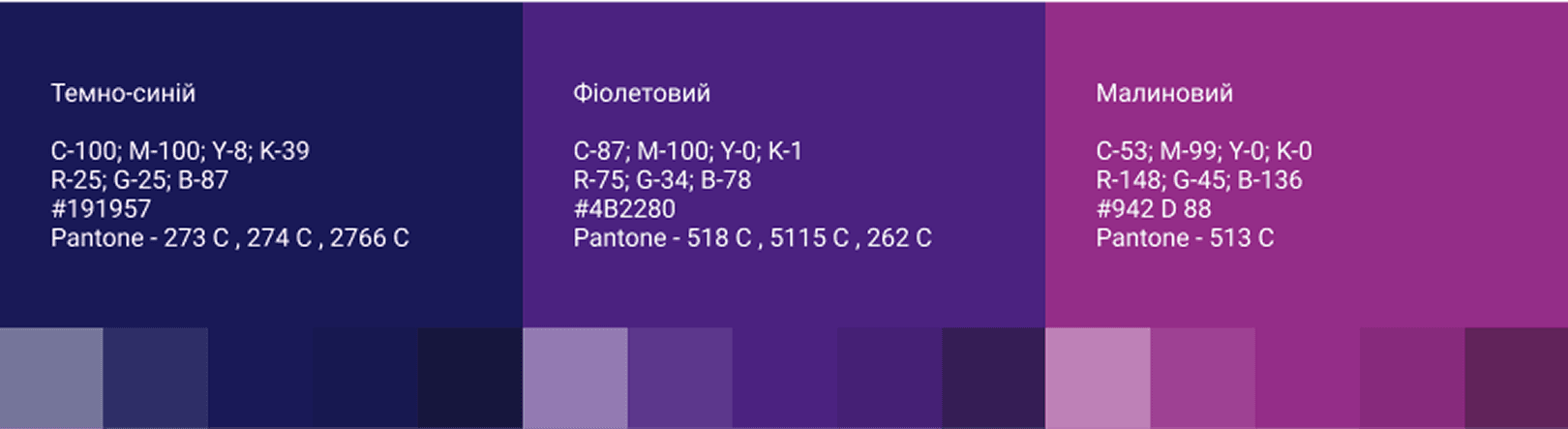 Primary color palette for the Businessclone brand: navy blue (#191957), purple (#4B2280) and crimson (#942D88) with their CMYK, RGB and Pantone values