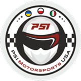 Round logo featuring a stylized helmet with PSI in red. Flags of Ukraine, Poland, and Italy above. Text reads 'PSI Motorsports USA' with a dynamic feel.
