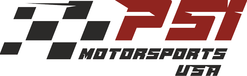Logo of PSI Motorsports USA features a stylized racing flag pattern next to bold red letters 'PSI', with 'Motorsports USA' written below in black.