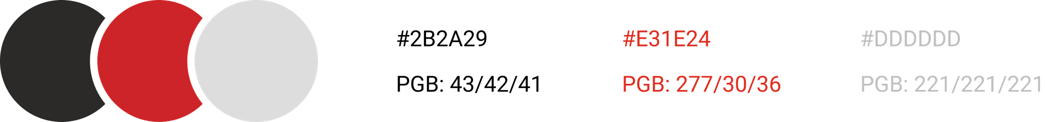 Three overlapping circles: black, red, and light gray. Text on right shows color codes: Red #E31E24 and Gray #DDDDDD with respective RGB values.