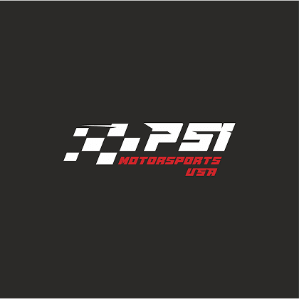 Logo with 'PSI Motorsports USA' in bold text. 'PSI' is stylized in white with checkered flag design; 'Motorsports USA' in red below, set against a dark gray background.