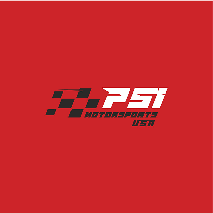 Logo with 'PSI Motorsports USA' in bold text. 'PSI' is stylized in white with checkered flag design; 'Motorsports USA' in red below, set against a dark gray background.