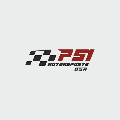 Logo with 'PSI Motorsports USA' in bold text. 'PSI' is stylized in white with checkered flag design; 'Motorsports USA' in red below, set against a dark gray background.
