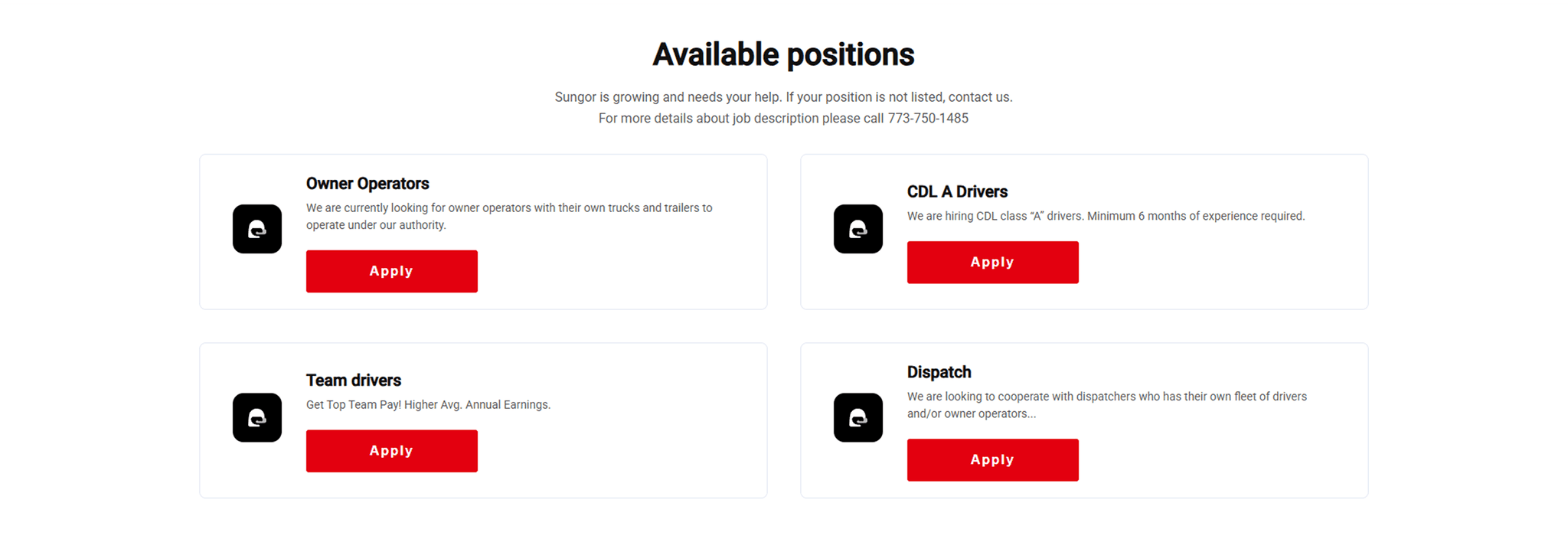 Job listings for owner operators, CDL A drivers, team drivers, and dispatch roles at Sungor, with 'Apply' buttons for each position.