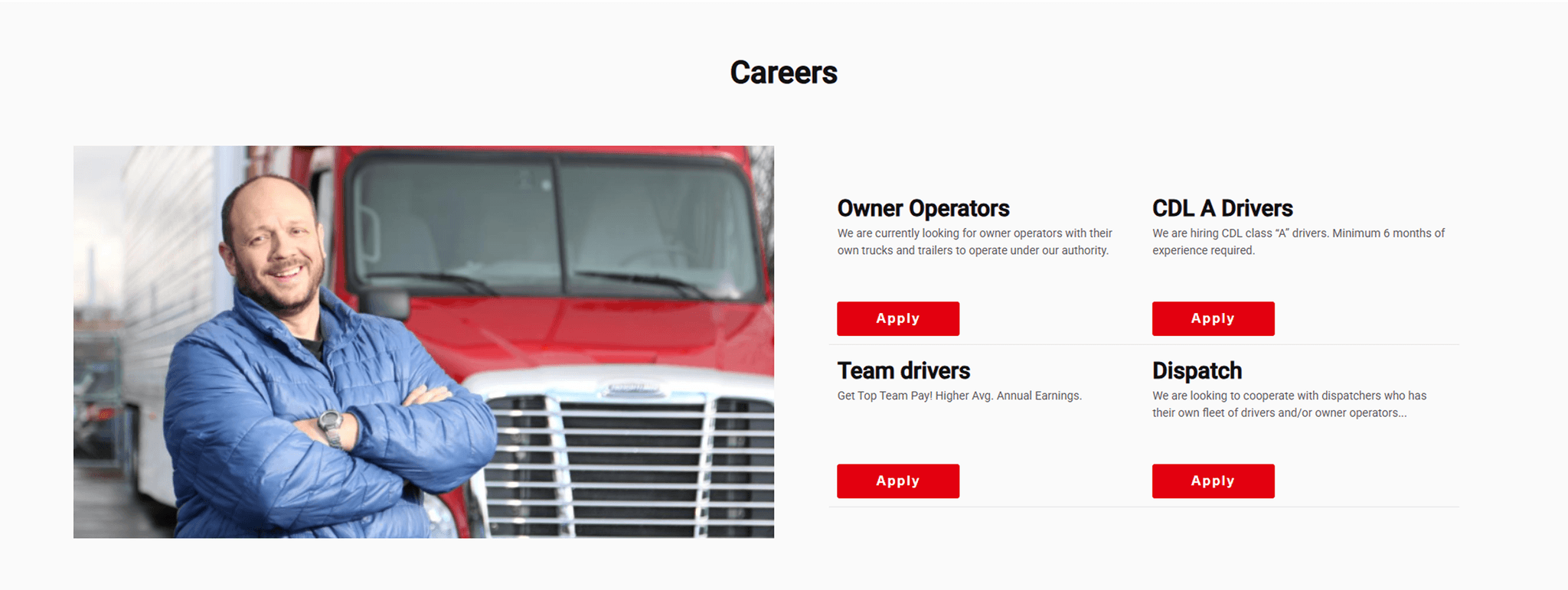 A man in a blue jacket stands in front of a red truck, with a careers section featuring various driving job opportunities.