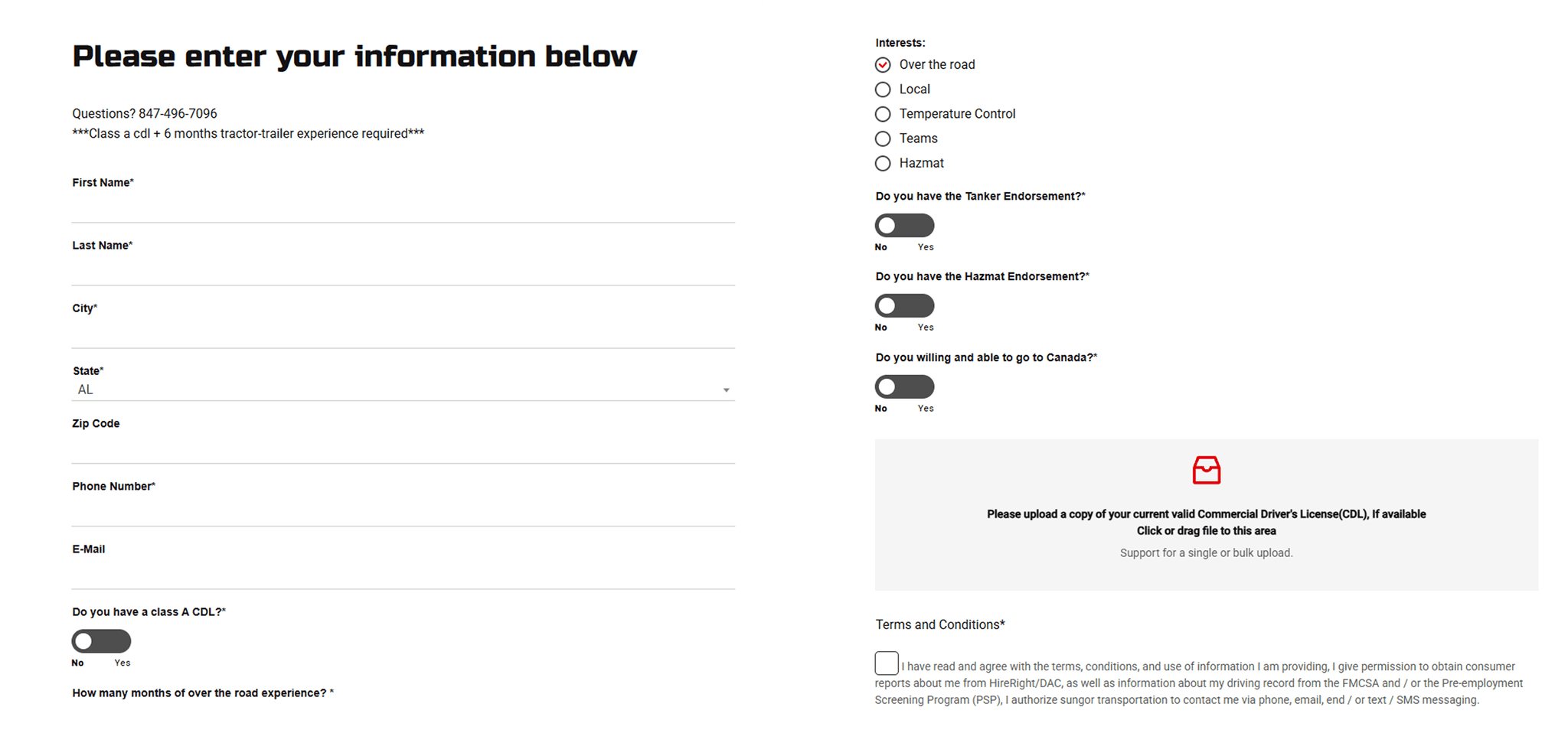 Image of a job application form for truck drivers, requesting personal information and qualifications, including CDL and experience details.