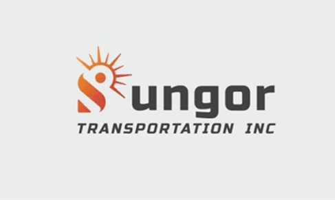Logo of Sungor Transportation Inc., featuring a stylized sun and bold lettering in orange and black on a light gray background.