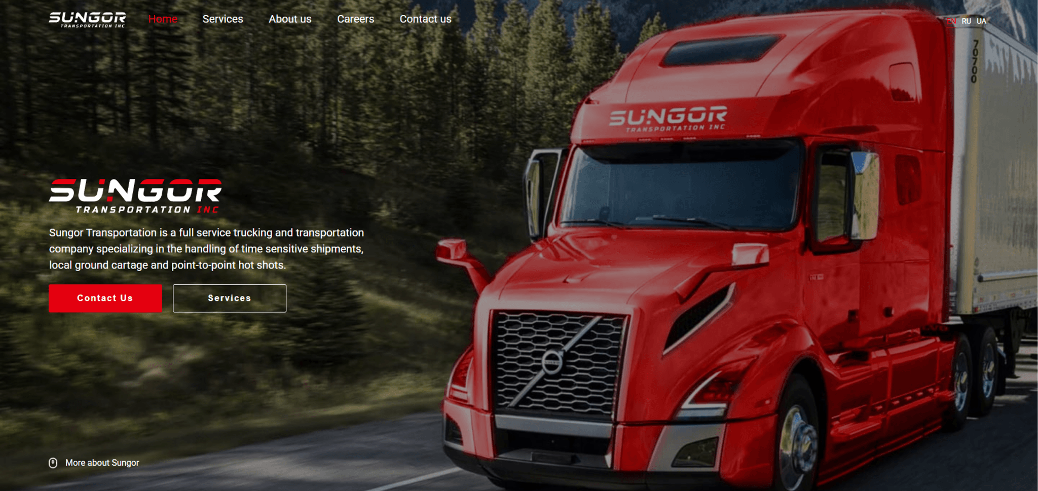 A bright red semi-truck from Sungor Transportation drives through a forested road, showcasing their freight delivery services.
