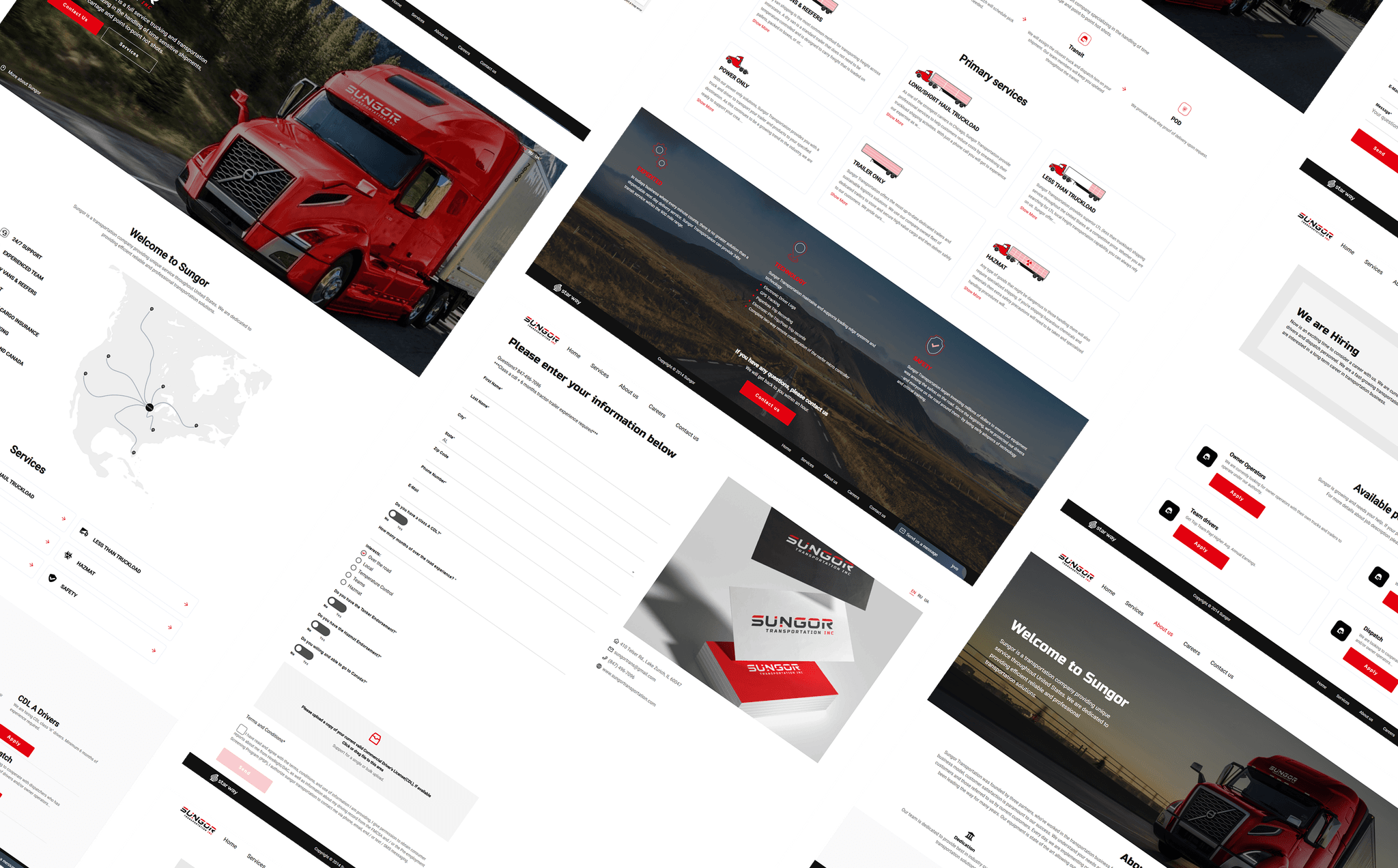 Job listings for owner operators, CDL A drivers, team drivers, and dispatch roles at Sungor, with 'Apply' buttons for each position.